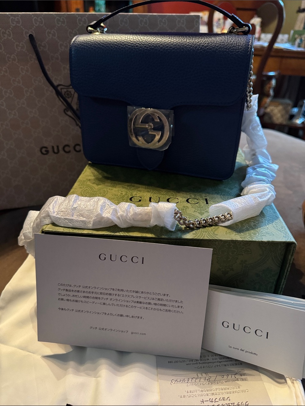 Gucci NWT Blue Leather Small Shoulder Bag with Gold Chain Includes Everything